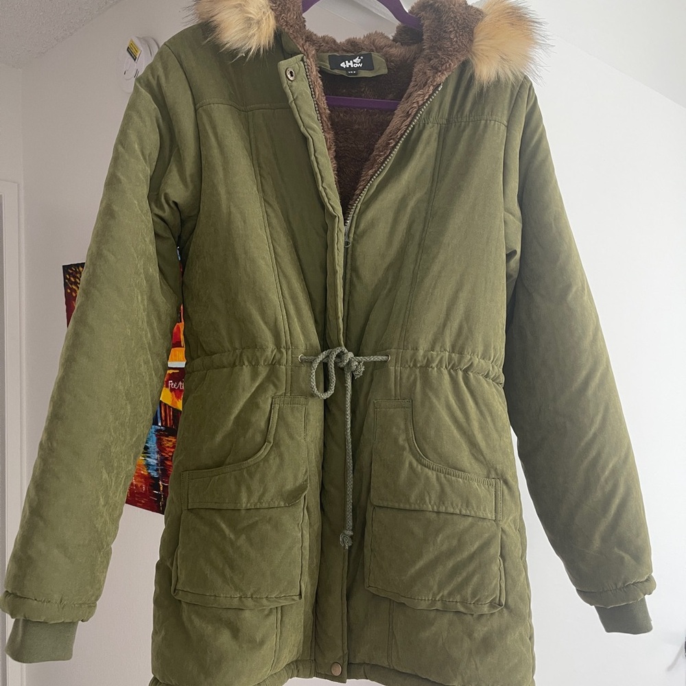 4HOW Women's Olive Utility Jacket with Fur Trim